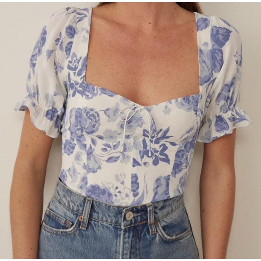 Reformation Blue White Floral Delevan Top Smocked Puff Sleeve Size 6